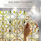 3D Stained Glass Window Privacy Film, Heat Control UV Blocking Static Cling Decorative Window Film for Bathroom,Front Door,Home Non Adhesive 16.9 x 39.3 inches Golden Filigree