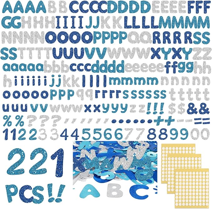 221 Pcs Classroom Bulletin Board Letters Colorful Alphabet Cutouts Number and Punctuation Symbol Combo Letter Cutouts for Wall Chalkboard Poster Board Decor(Blue Glitter Round)