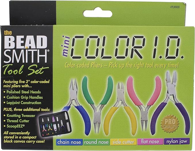 The Beadsmith Mini Color-ID Set – 3”, 8-Pieces Includes: Chain Nose, Round Nose, Side Cutter, Flat Nose, Nylon Jaw Flat Nose, Tweezers, Thread Snippers, Bead Scoop & Canvas Case – For Jewelry Making