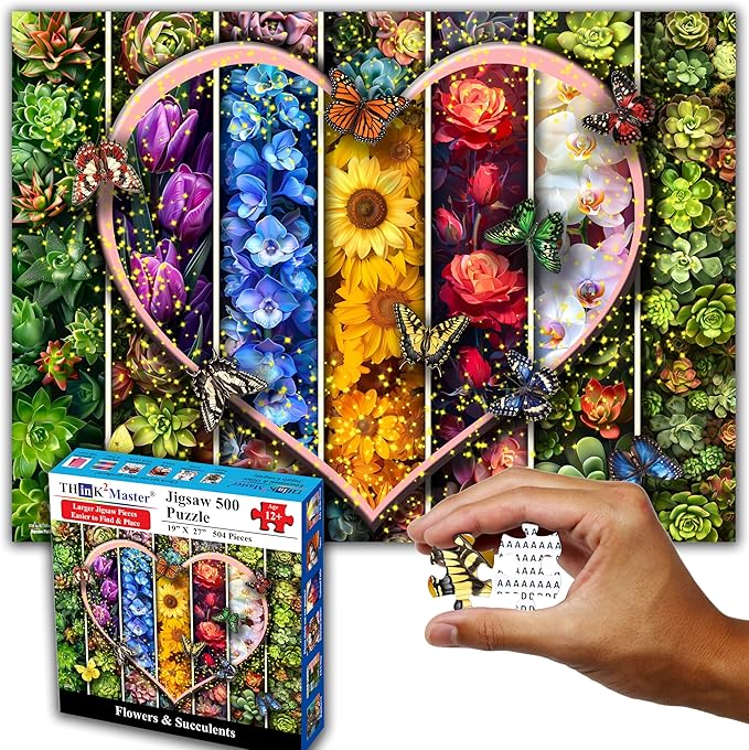 Think2Master Colorful Flowers Succulents & Butterflies 500 Pieces Large Format Jigsaw Puzzle for Kids 12+, Teens, Adults & Families. Beautiful Vibrant Heart Valentine's Day Illustration 26.8” X 18.9”