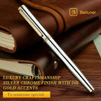BEILUNER Silver Chrome Fountain Pen,Stunning Luxury with 24K Gold Accents, Gorgeous 24K Gilded Nib(Medium), Fancy Pen Gift for Men&Women -Ink Converter-Elegant, Office,Nice Pen for Writing