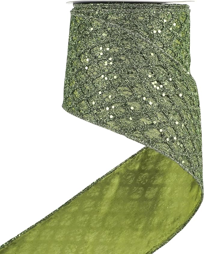 HUIHUANG Moss Green Wired Christmas Ribbon 4 inch Moss Glitter Wired Ribbon Diamond Mesh Wire Ribbon for X-mas Tree Decorations, Wreaths, Garland, Large Bows Making, Home Decor -10 Yards