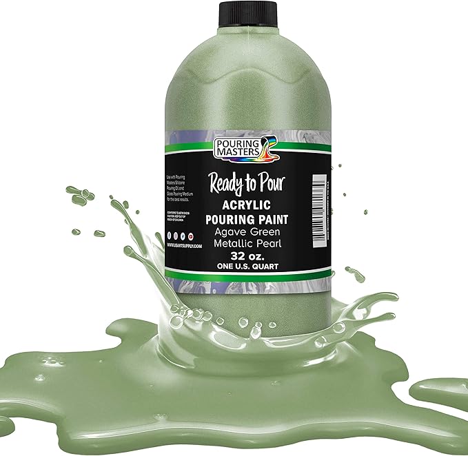 Pouring Masters Agave Green Metallic Pearl Ready to Pour Acrylic Pouring Paint - Premium 32-Ounce Pre-Mixed Fluid Acrylic Paint - Fluid Art Supplies for Canvas, Wood, Paper, Tile & Rocks