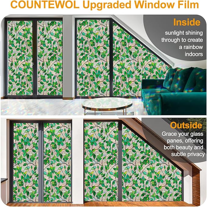 Window Privacy Film Stain Glass Window Film Rainbow Window Film Window clings Non-Adhesive Reusable Decorative for Room (Greenery Leaf, 23.6 x 78.7 in)