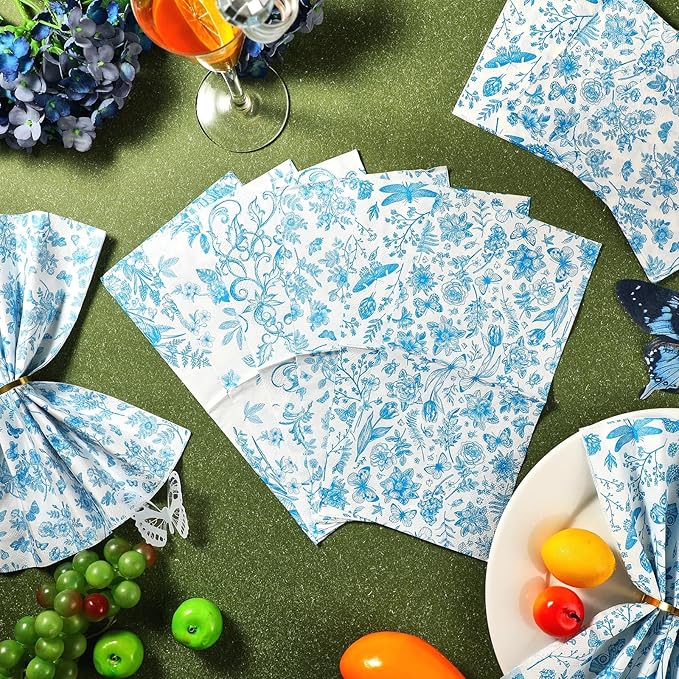 150 Pcs Blue Floral Cocktail Napkins 10 x 10 Inch 6 Styles Assorted Blue Flower Paper Disposable Napkins for Decoupage Home and Kitchen Bridal Baby Shower Tea Party Garden Party Birthday