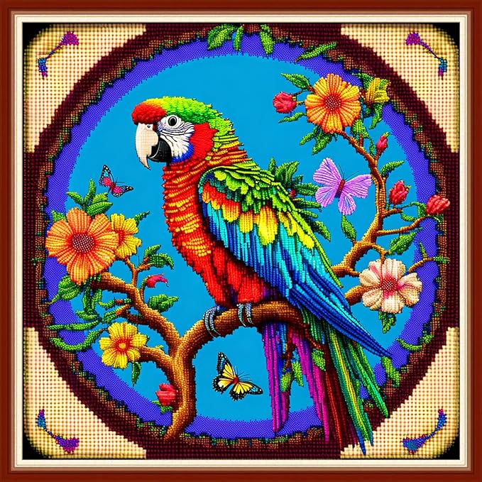 Dimensean Stamped Cross Stitch Kits Full Range of Embroidery Patterns Starter Kits for Beginners Adult or Kids DIY Cross Stitches Needlepoint Kits 11CT-Parrot Flower17.7x17.7 inch