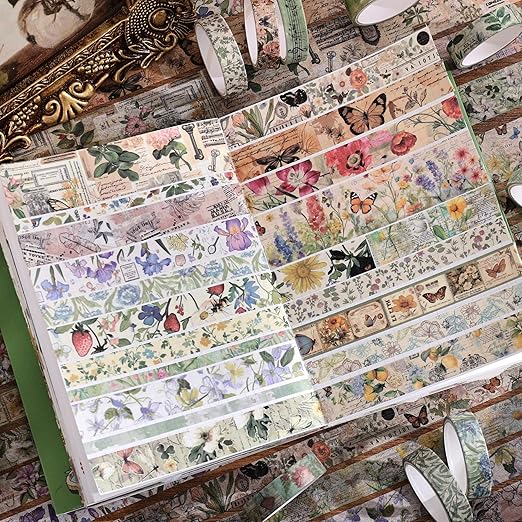 42 Rolls Vintage Washi Tape Set, Delicate Butterfly & Lush Floral Botanical Themed Writable Decorative Tapes with Retro Elements for Scrapbooking, Junk Journal Supplies, Bullet Journaling 5-25mm Wide