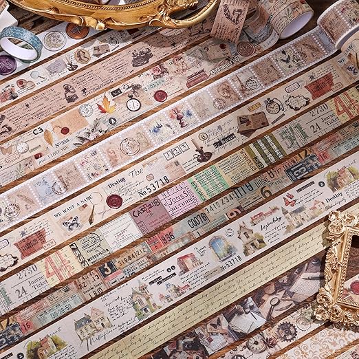 34 Rolls Vintage Washi Tape Set,Letter Map Stamp Stripe Literature Art Writable Aesthetic Washy Decorative Tapes for Scrapbooking, Junk Journal Supplies, Bullet Journaling 5-50mm Wide (3m Long)/Roll
