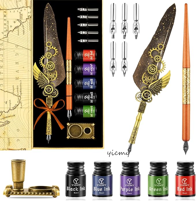 Feather Pen and Ink Set Calligraphy Kit for Beginners with Quill Pen, Antique Vintage Stationary Set for Writing, Signing & Hand Lettering Art