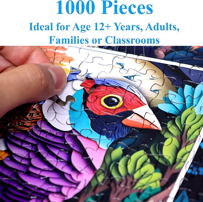 Think2Master Colorful Birds 1000 Pieces Jigsaw Puzzle. Paper Cut Craft Style. Fun for Teens, Seniors & Families. Great Gift for Kids Ages 13+. Size: 26.8” x 18.9”