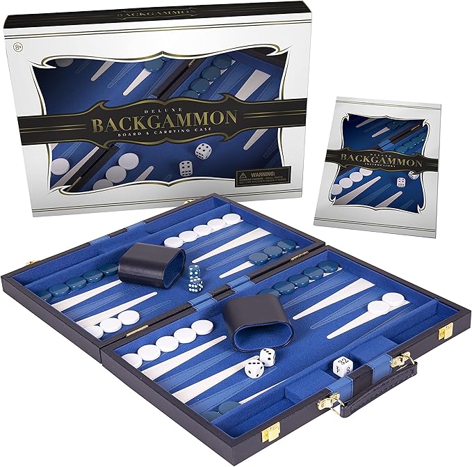 Classic 18-Inch Backgammon Set – Premium Folding Board Game with Leatherette Case, Felt Surface & Complete Accessories – Blue – for Adults & Kids