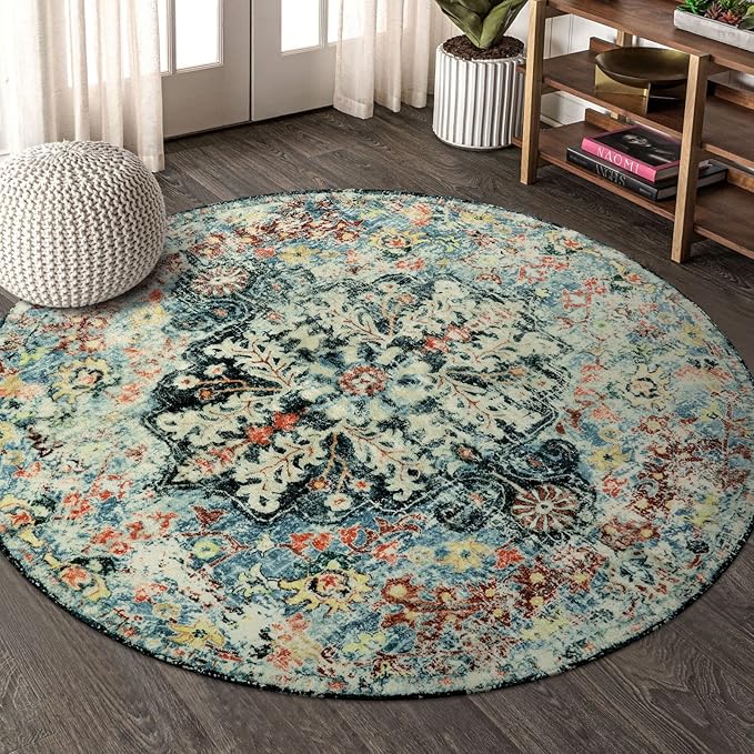 Lahome Bohemian Floral Medallion Round Rug - 4Ft Entryway Round Area Rug Soft Bathroom Circle Mat, Teal Turkish Non Slip Machine Washable Indoor Accent Carpet for Bedroom Kitchen Coffee Table