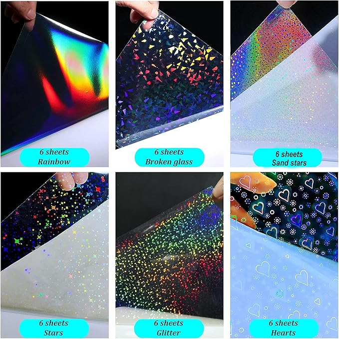 36 Sheets Holographic Sticker Paper Clear Vinyl Sheets Self-Adhesive Overlay Film Laminate Sticker Paper Rainbow/Dots/Star/Broked Glass/Sand Star/Heart, 8.5x11 Inch