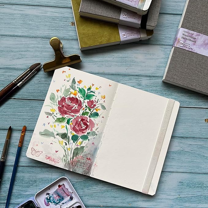 tumuarta Watercolor Sketchbook, 7.5x5, 140 LB, 300GSM, 100% Cotton Paper, Cold Press, 24 Sheets,48 Pages, Watercolor Journal for Use As Travel Sketch Book and Mixed Media Pad On The Go