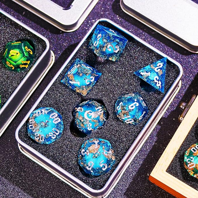 The Moon of Mystery Liquid Core DND Dice Set – Unique Resin Dice for Dungeons & Dragons – Blue Galaxy Moon Dice Set for D&D Gifts