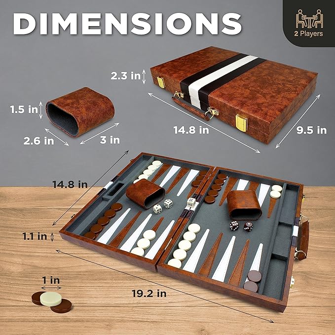 Large Backgammon Sets for Adults - Classic Board Games for 2 Players Adults and Kids - Premium Backgammon Set 15 inch Board and 32 Backgammon Pieces in Quality PU Leather Case - Gift for Man