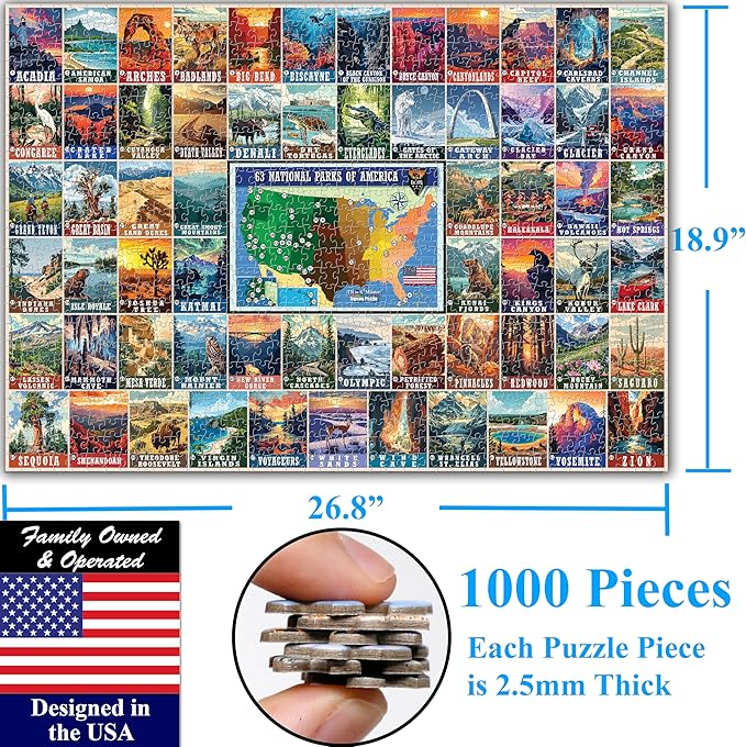 Think2Master Colorful Vintage USA National Parks 1000 Pieces Large Format Jigsaw Puzzle for Kids 12+, Teens, Adults & Families. Great Gift for People Interested in Traveling. Size: 26.8” X 18.9”