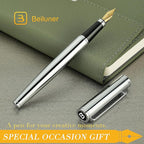 BEILUNER Silver Fountain Pen,Stunning Luxury Pens with Bright Silver Chrome, Gorgeous 24K Gilded Nib(Medium), Fancy Pen Gift for Men&Women -Ink Converter-Elegant, Office,Nice Pen for Writing