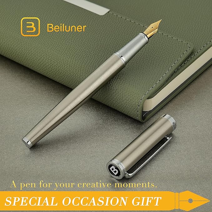 BEILUNER Luxury Fountain Pen Set, Solid 24K Gilded Fine Nib, Silver Stainless Steel Body- Includes 6 Ink Cartridges & Ink Refill Converter with Gift Case - Perfect for Men and Women