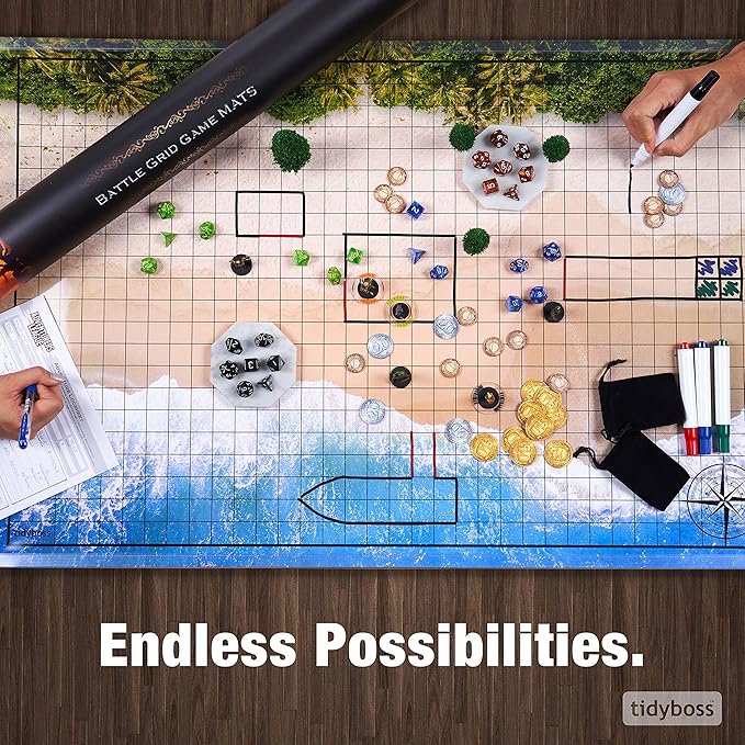 TIDYBOSS d&d Starter Set | 2 X Double Sides 4 Terrains 24x 36 Game Grid Mat | DND Accessories Includes Dry Erase Markers, Eraser and Clips