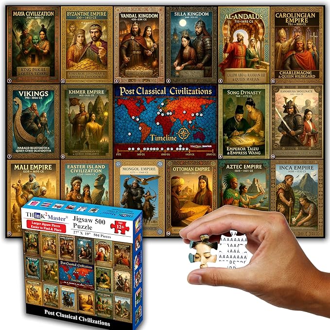 Think2Master Colorful Post Classical Civilization 500 Pieces Large Format Jigsaw Puzzle: Kids 12+, Teens, Adults & Families. Great Gift with Historical Timeline & World Map. Size: 26.8” X 18.9”