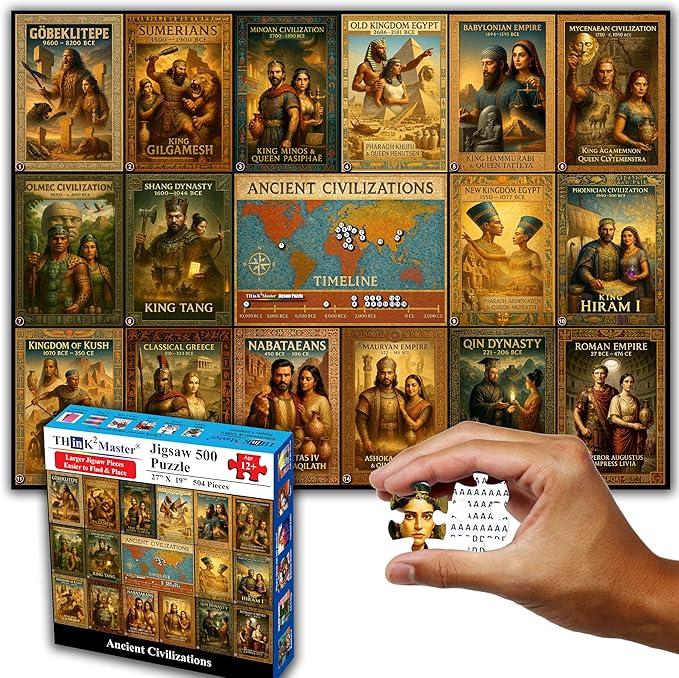 Think2Master Ancient Civilizations World History Jigsaw Puzzle 500 Pieces Large Format for Kids 12+, Teens, Adults & Families. Great Gift. Historical Timeline & World Map. Size: 26.8” X 18.9”