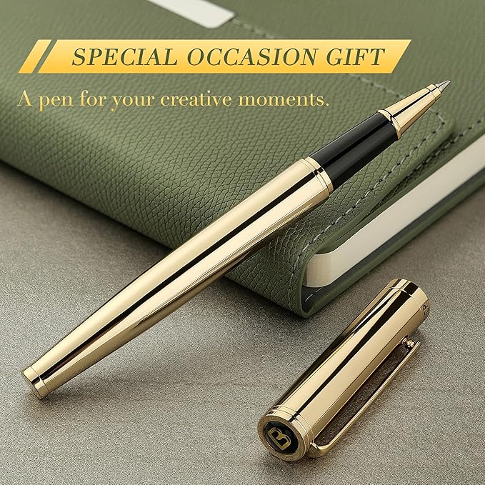 BEILUNER Luxury Gold Rollerball Pen, Stunning Pens with 24K Gold Finish, Noble and Elegant Designs,Schneider Ink Refill, Fancy Gift Set for Men & Women, Executive Writing, Office, Nice Graduation Gift