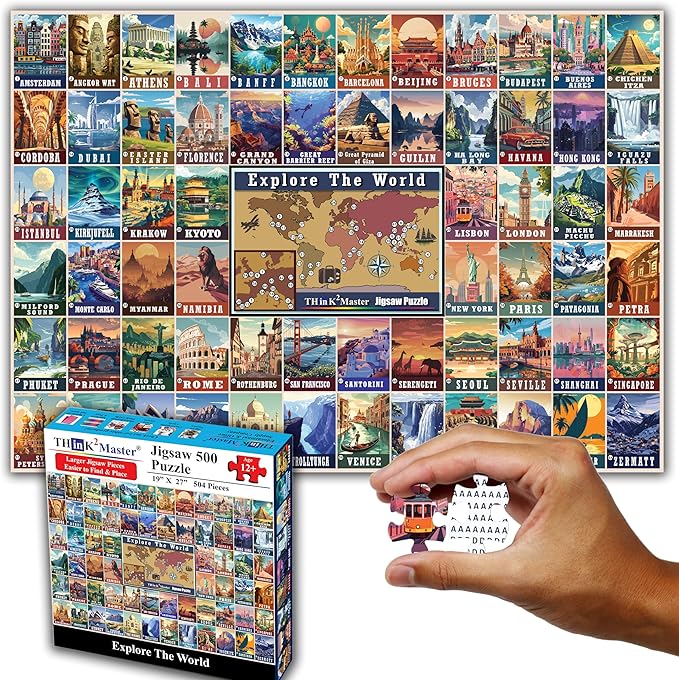 Think2Master Colorful Vintage World Travel Poster 500 pieces Large Format Jigsaw Puzzle for kids 12+, teens, adults & families. Great gift for people intent in traveling the World. Size: 26.8” X 18.9”