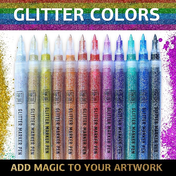 Acrylic Glitter Paint Marker Pens, Ultra Fine Point 0.7mm - Sparkle Paint Pens for Rock Painting, Stone, Ceramic Glass, Wood, Card Stock, Canvas, DIY Crafts - Set of 12