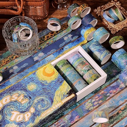 emmoolife 32 Rolls Washi Tape Set, Oil Painting Decorative Masking Tape, Van Gogh Adhesive Tape for Bullet Journal, DIY Crafts Gift, Party Decorations, Junk Journal, School Supplies