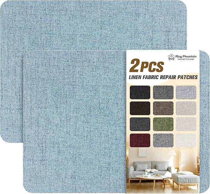 KING MOUNTAIN Fine Linen Fabric Patches, Self-Adhesive, 8x11 inch, 2 PCS, Multi Color, For Linen Sofa and Clothes Repair (Blue Grey, 8" x 11" - 2PCS)