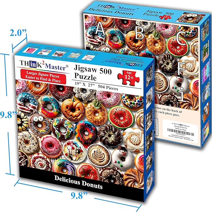 Think2Master Donuts 500 Pieces Jigsaw Puzzle. Perfect White Elephant Gag Gift. Fun for Teens, Seniors & Families. Great Gift for Kids Ages 13+. Size: 26.8” x 18.9”