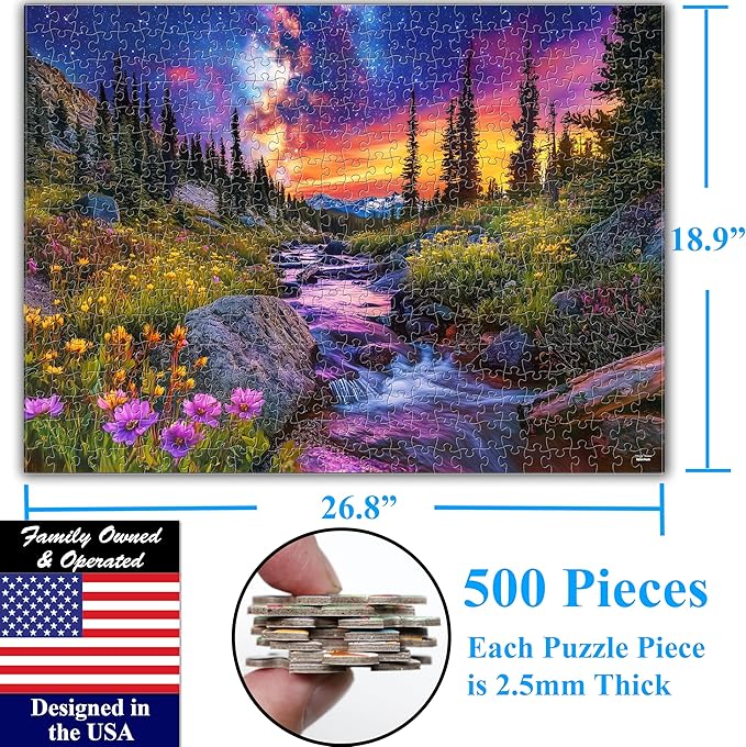 Think2Master Starry Mountain River 500 Pieces Large Format Jigsaw Puzzle: Kids 12+, Teens, Adults & Families.Vibrant Starry Night & Milkyway Landscape with Flowers. Great Gift. Size: 26.8” X 18.9”