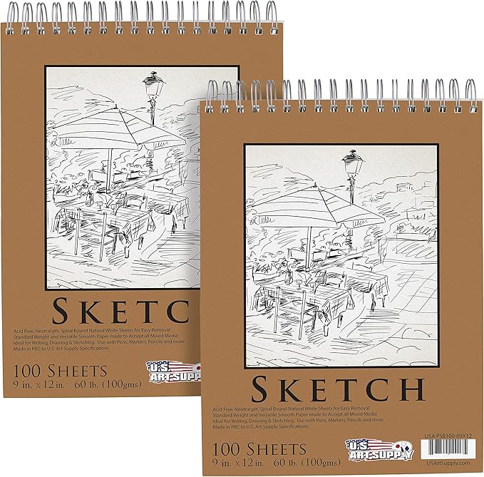 U.S. Art Supply 9"x12" Top Spiral Bound Sketch Book, 2 Pack, 100 Sheets Each, 60lb (100gsm), Acid-Free, Artist Sketchbook, Drawing Pad for Adults & Students