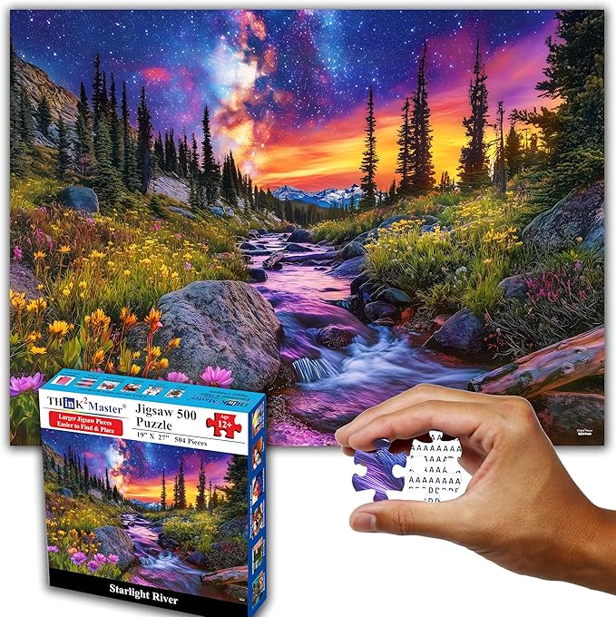 Think2Master Starry Mountain River 500 Pieces Large Format Jigsaw Puzzle: Kids 12+, Teens, Adults & Families.Vibrant Starry Night & Milkyway Landscape with Flowers. Great Gift. Size: 26.8” X 18.9”