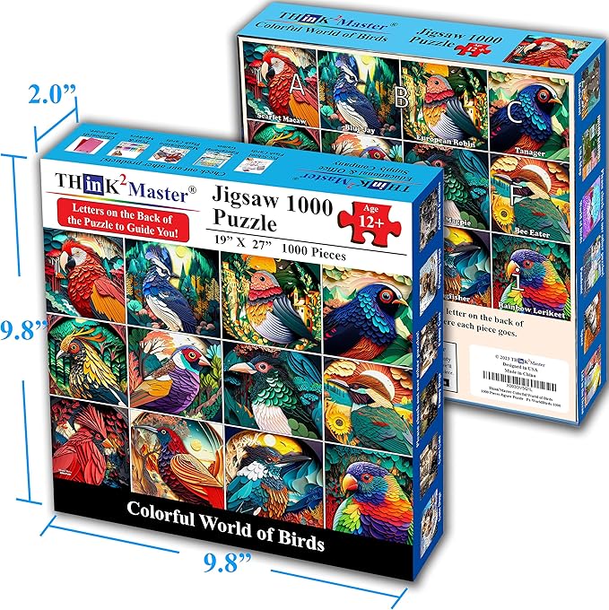Think2Master Colorful Birds 1000 Pieces Jigsaw Puzzle. Paper Cut Craft Style. Fun for Teens, Seniors & Families. Great Gift for Kids Ages 13+. Size: 26.8” x 18.9”