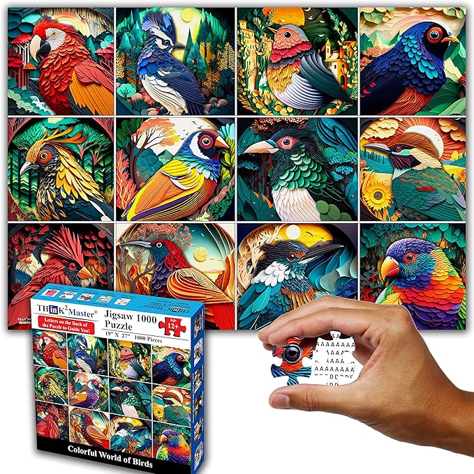 Think2Master Colorful Birds 1000 Pieces Jigsaw Puzzle. Paper Cut Craft Style. Fun for Teens, Seniors & Families. Great Gift for Kids Ages 13+. Size: 26.8” x 18.9”